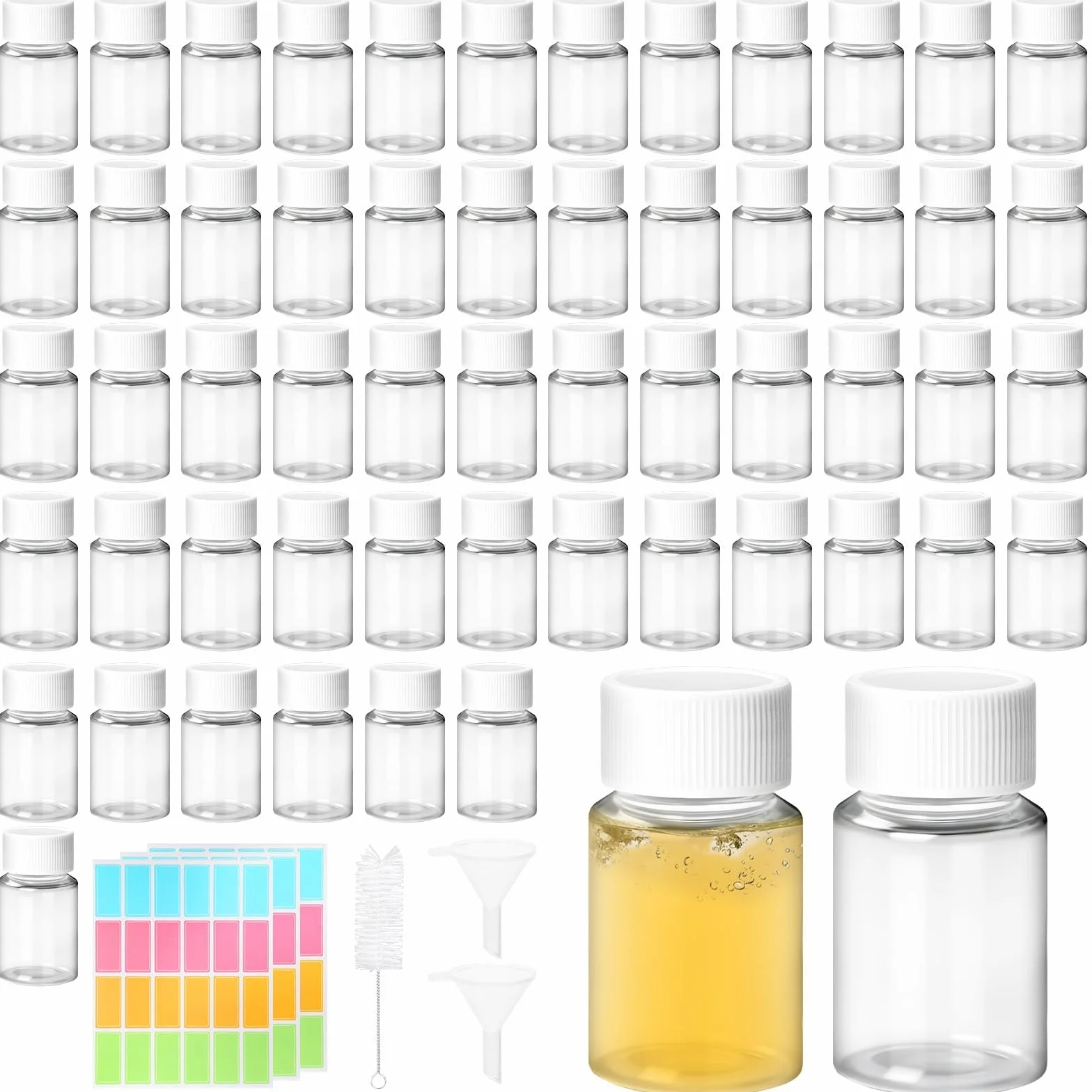 55 Pezzi Bottiglie Plastica 20 ml Bottigliette di Plastica Piccole Bottiglie Piccole Plastica con Tappo a Vite Bianco Bottigliette Trasparente con Adesivi per Viaggi Campeggio