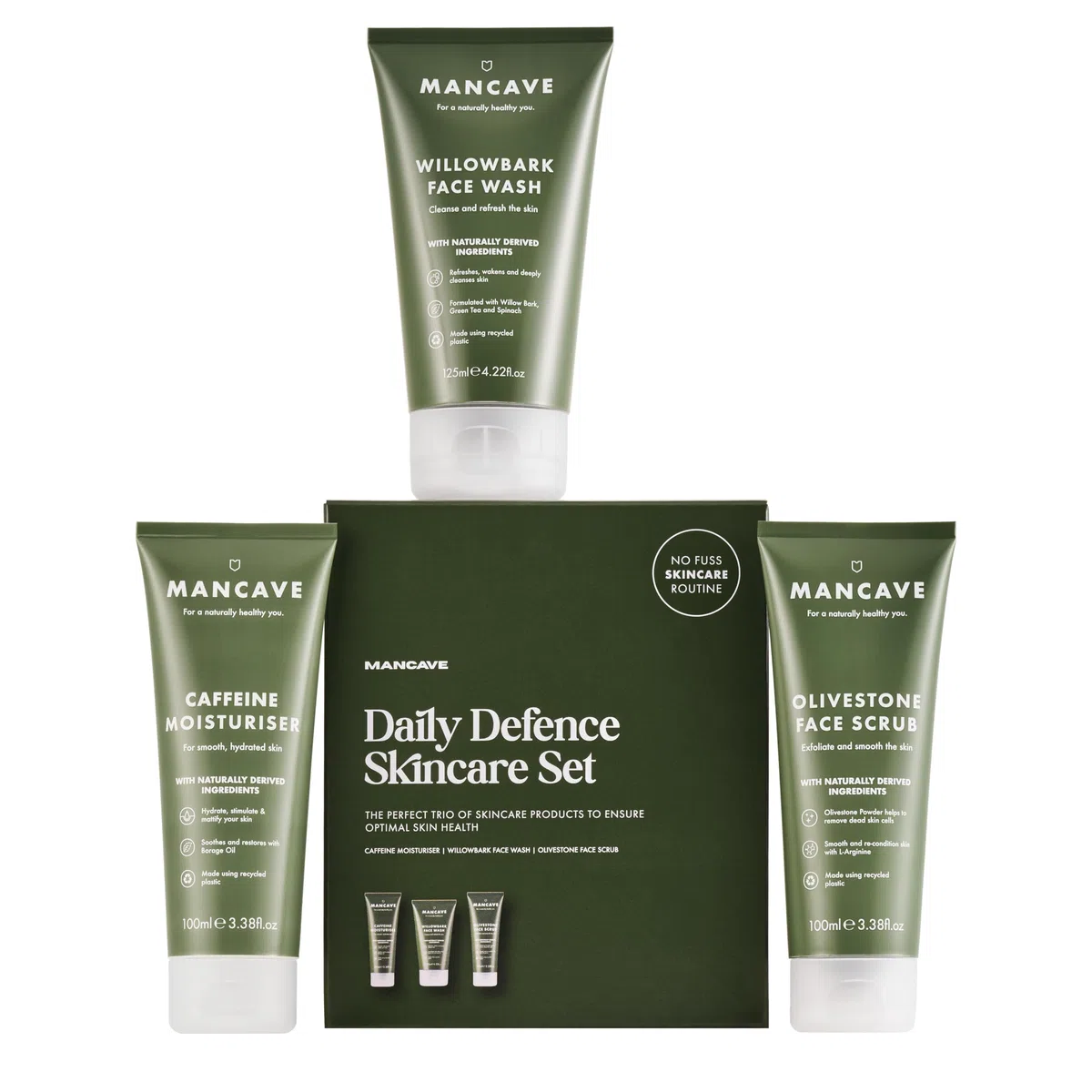 ManCave Set Regalo Uomo con 3 Prodotti di Skincare Naturali, Detergente Viso, Scrub Viso e Idratante Uomo, Formulazioni Naturali, Vegani, Tubetto in Plastica Riciclata, Prodotto in Inghilterra