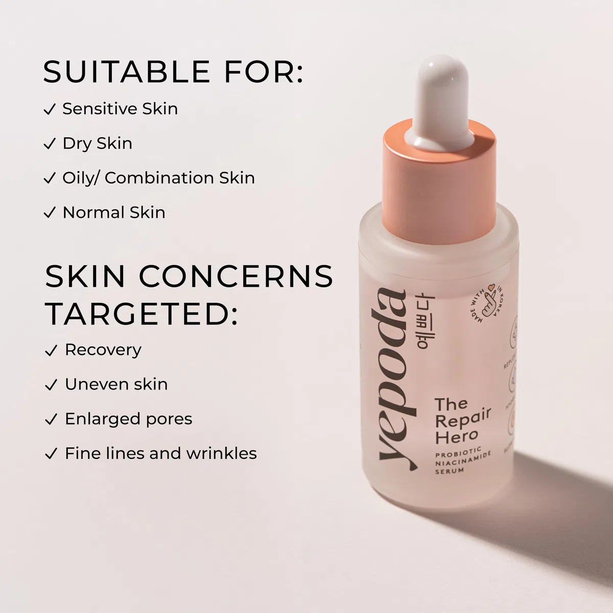 Yepoda The Repair Hero, Siero alla niacinamide e probiotici, idratante & riequilibrante, siero coreano, vegano e Slow Aging, testato e approvato per tutti i tipi di pelle, 30 ml
