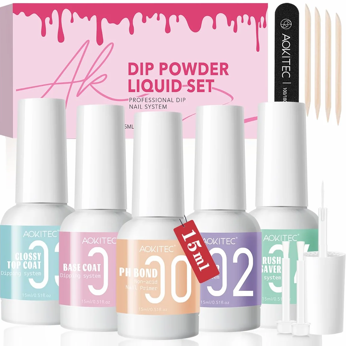 Aokitec 13PCS Dip Powder Liquid Set, Adesivo più Forte, PH Bond/Dip Activator/Base/Glossy Top Coat/Brush Saver con Pennello per Liner in Polvere per Unghie Strumento per Unghie per Dip Powder Nail Kit