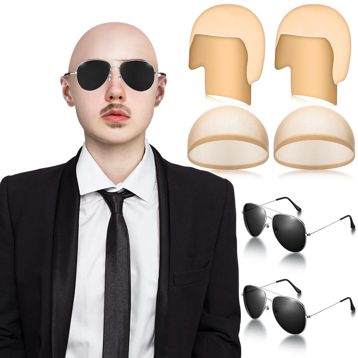 Sinmoe 6 Pezzi Parrucca Pelata Bald Caps Pelata Finta con Occhiali Cuffia per Parrucca Accessori per Costumi per Halloween e Cosplay per Adulti, Donne e Uomini
