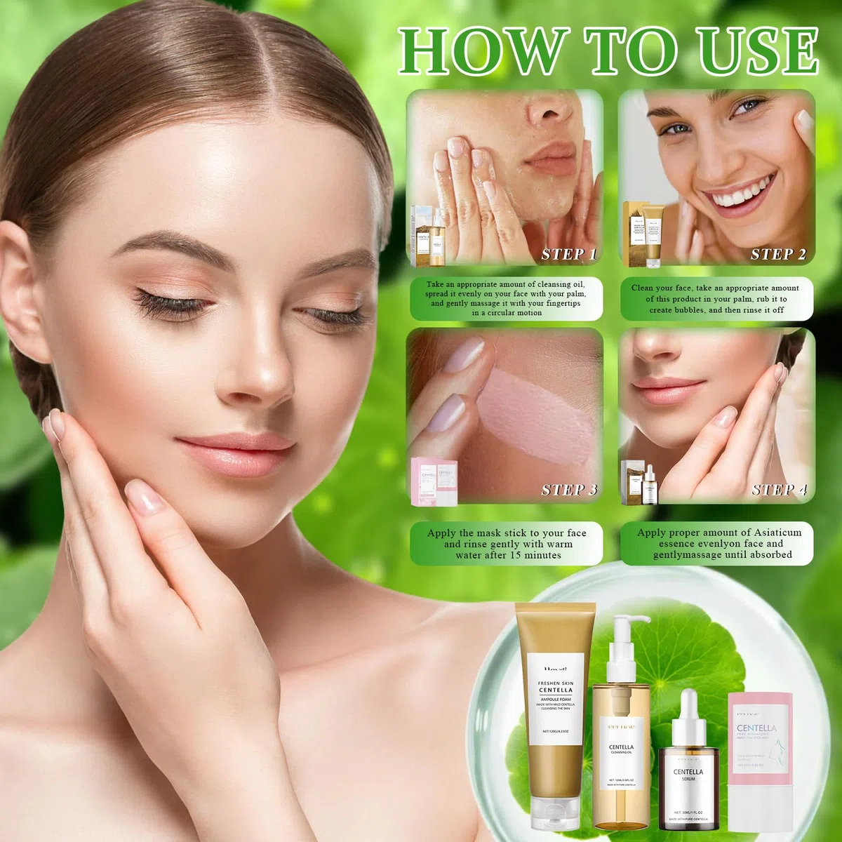 4 Pezzi Centella Kit, Centella Cleansing Oil + Centella Detergente Viso + Siero Viso + Centella Stick Mask, Skincare Kit, Delicato e Leggero, Adatto Alle Pelli Sensibili