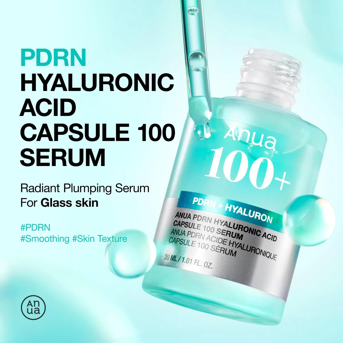 Anua PDRN Hyaluronic Acid Capsule 100 Serum – Siero Viso Coreano con PDRN, Acido Ialuronico e Collagene, Texture Leggera e Acquosa a Rapido Assorbimento, Idratazione Profonda No-Sticky (30 ml)