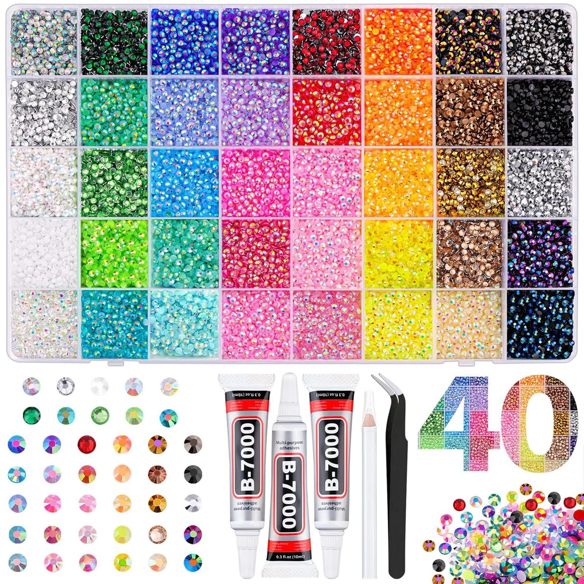 32000 strass per nail art, 40 colori, 3 mm, in resina, kit con colla, pinzette e penna, cristalli con retro piatto, per fai da te, artigianato, decorazione, vestiti, scarpe
