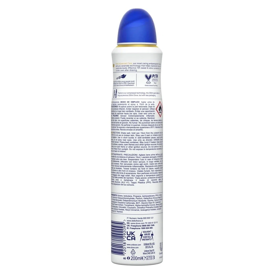 Dove Deodorante Spray Advanced Care Original, con Formula Idratante e Delicata sulla Pelle, Senza Alcol, Pelle Asciutta Fino a 72 Ore, Deodorante Uomo e Donna, 6 Pezzi da 200ml