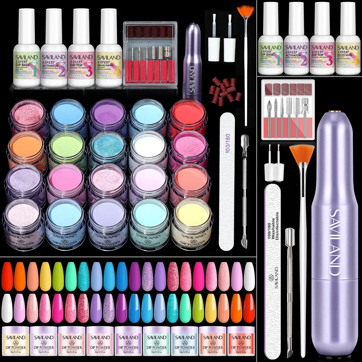 SAVILAND Smalto in Polvere Kit con Fresa per Unghie: 20 Colori Smalto in Polvere ad Immersione per Unghie Dip Liquido per Manicure Nail Art, Lunga Durata per 28 Giorni, Regalo per Donne Ragazze