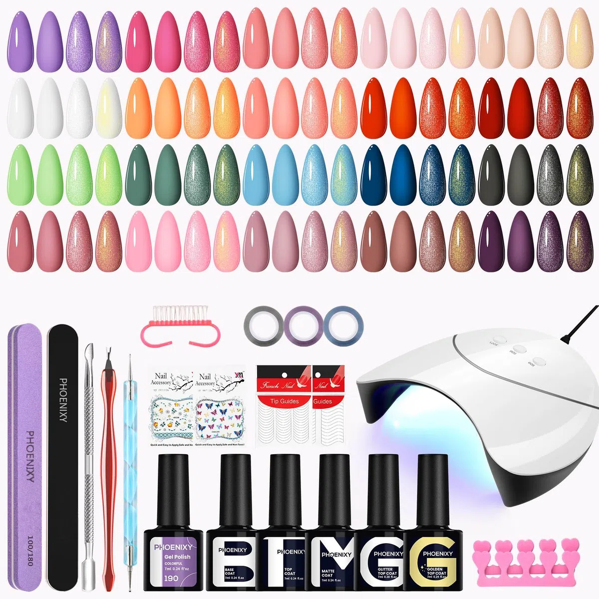 Phoenixy Kit Semipermanente Unghie 20 Colori Kit Unghie Gel Completo con Base e Top Coat Semipermanente Unghie 36W U V/LED Lampada Set Unghie per Principianti