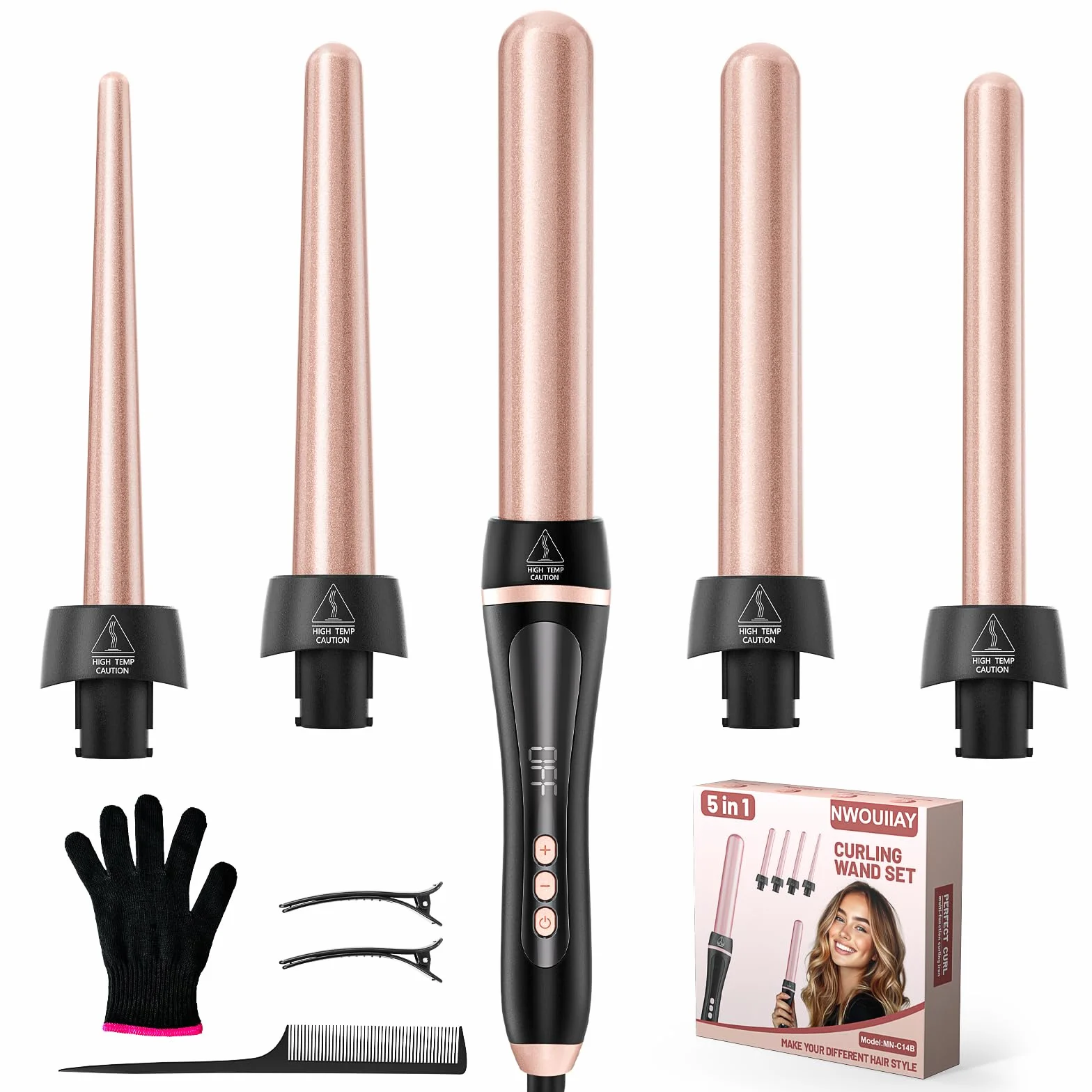 Ferro Arricciacapelli 5 in 1 Set Arricciacapelli Ceramica con Temperatura Regolabile 80°C - 230°C e Display LCD Piastra Onde per Capelli con 9-32mm Ferri di Diverso e Spegnimento Automatico