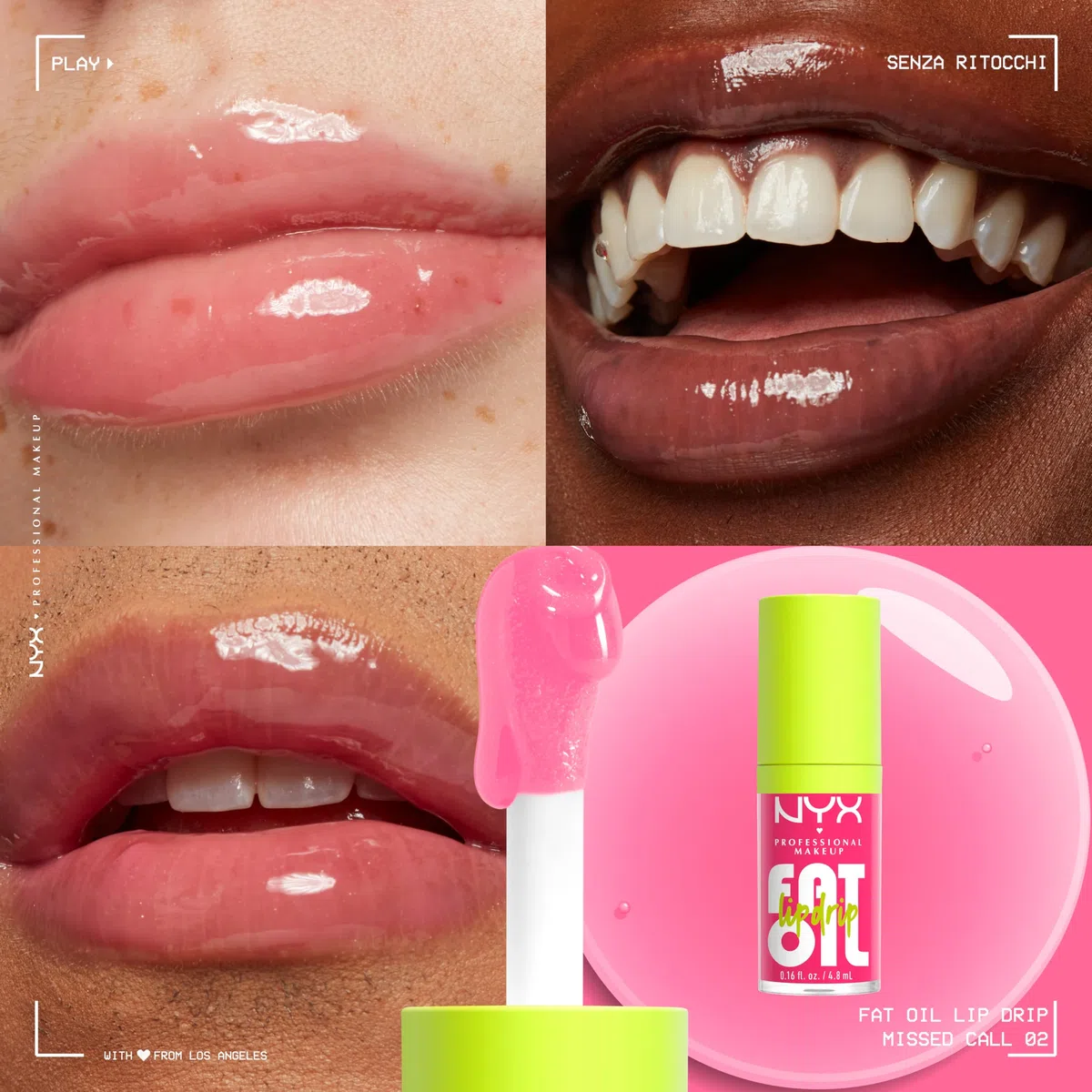 NYX Professional Makeup Set di Gloss Labbra, Finish Extra Brillante, Fino a 12H di Idratazione, Con Maxi Applicatore, Arricchito con Oli di Squalano, Lampone e Camemoro, Fat Oil Lip Drip, 4 Tonalità