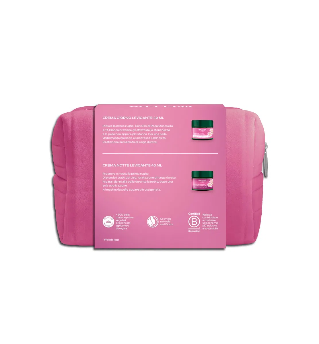Weleda Kit Rituale viso Rosa Mosqueta, routine levigante per le prime rughe, con Crema Giorno e Crema Notte Rosa Mosqueta, idea regalo con pochette inclusa (2 creme x 40 ml)