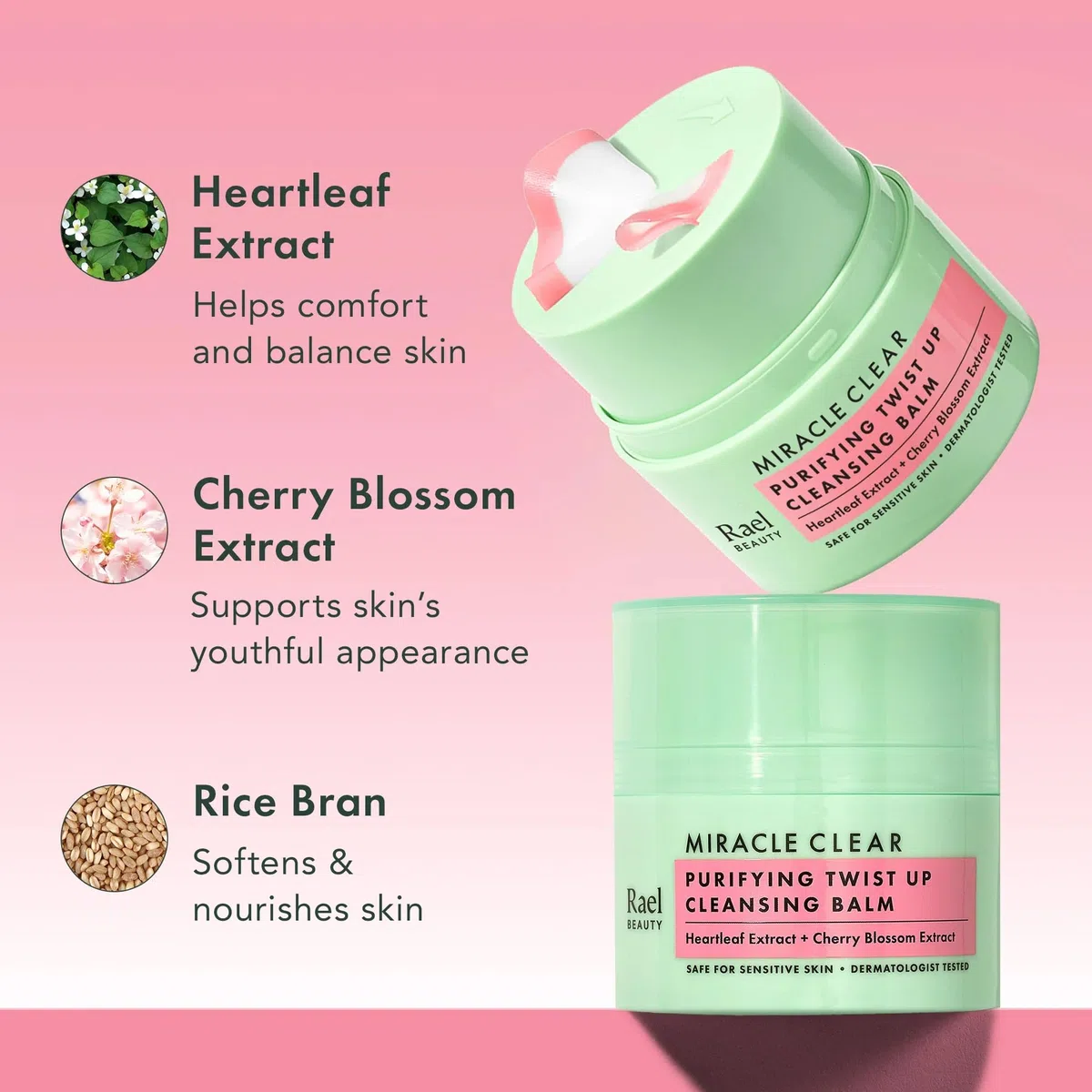 Rael Miracle Clear Cleansing Balm - Makeup Remover, Twist-Up Face Cleanser, Double Cleanse, Non-Comedogenic, with Rice Bran & Jojoba Oils, Vegan, Korean Skin Care, All Skin Type (50 ml)
