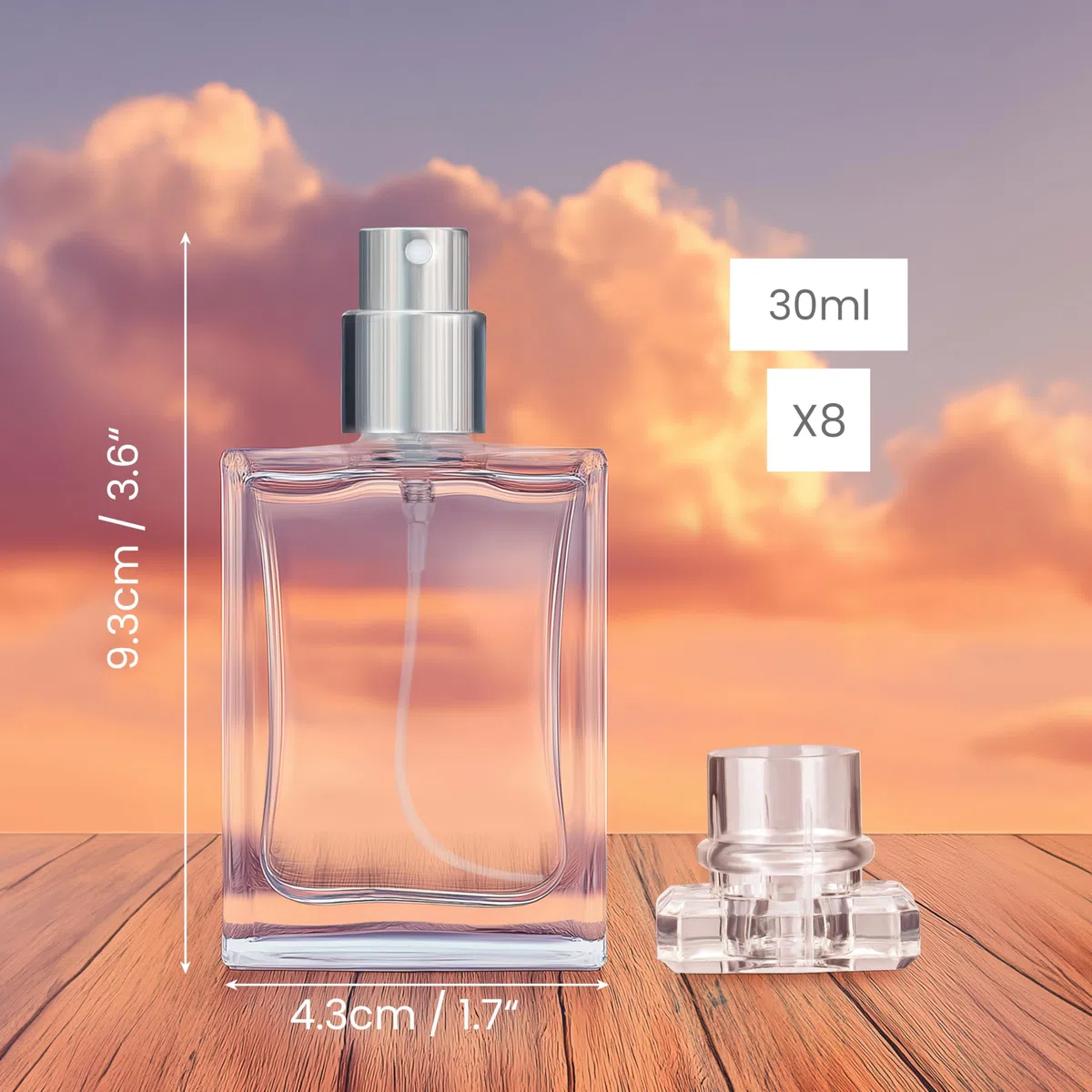 Belle Vous Flaconcini Vuoti per Liquidi 30 ml in Vetro Trasparente Riutilizzabili (Set da 8) - Boccette Profumi Vuoti Quadrate con Pompa Nebulizzatore Profumo - Per Viaggi, Oli Essenziali e Dopobarba