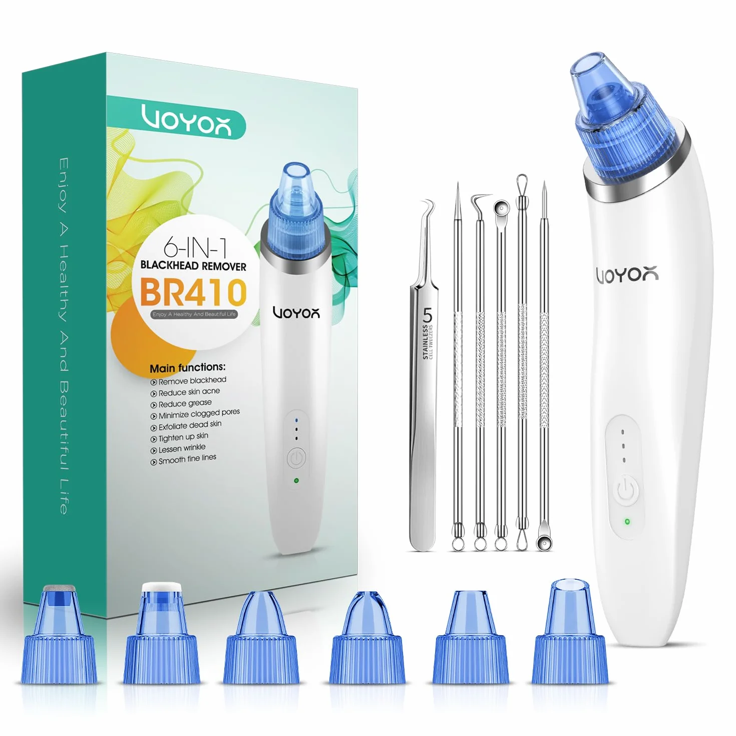 VOYOR Aspiratore Punti Neri 6-In-1 Aspira Rimozione di Elettrico Comedone Estrattore Pulizia Viso Tramite Ricaricabile per Uomini e Donne BR410