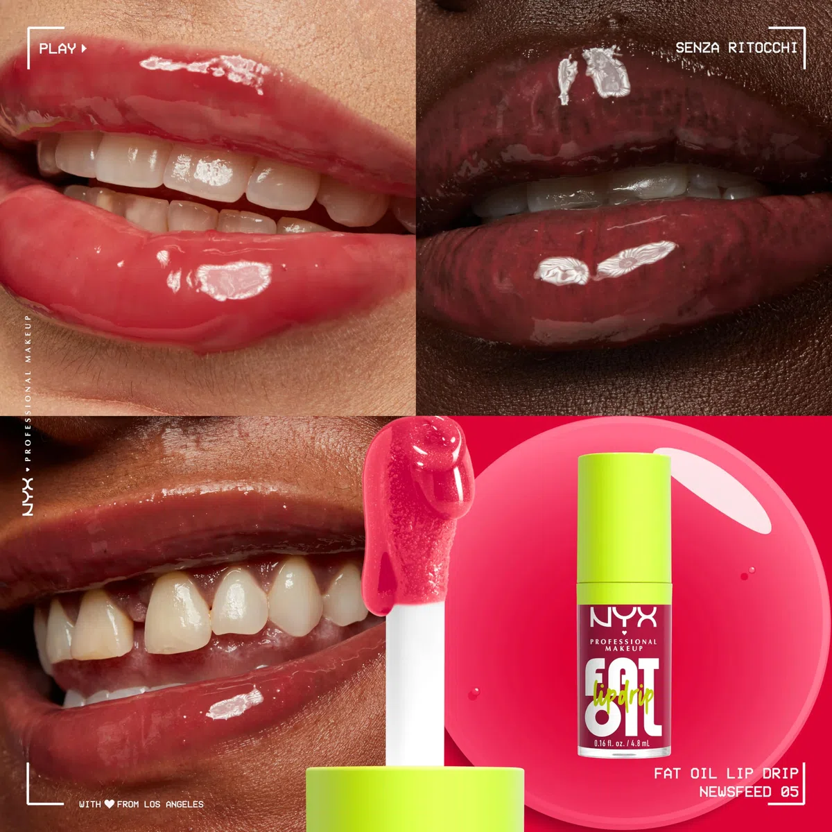 NYX Professional Makeup Set di Gloss Labbra, Finish Extra Brillante, Fino a 12H di Idratazione, Con Maxi Applicatore, Arricchito con Oli di Squalano, Lampone e Camemoro, Fat Oil Lip Drip, 4 Tonalità