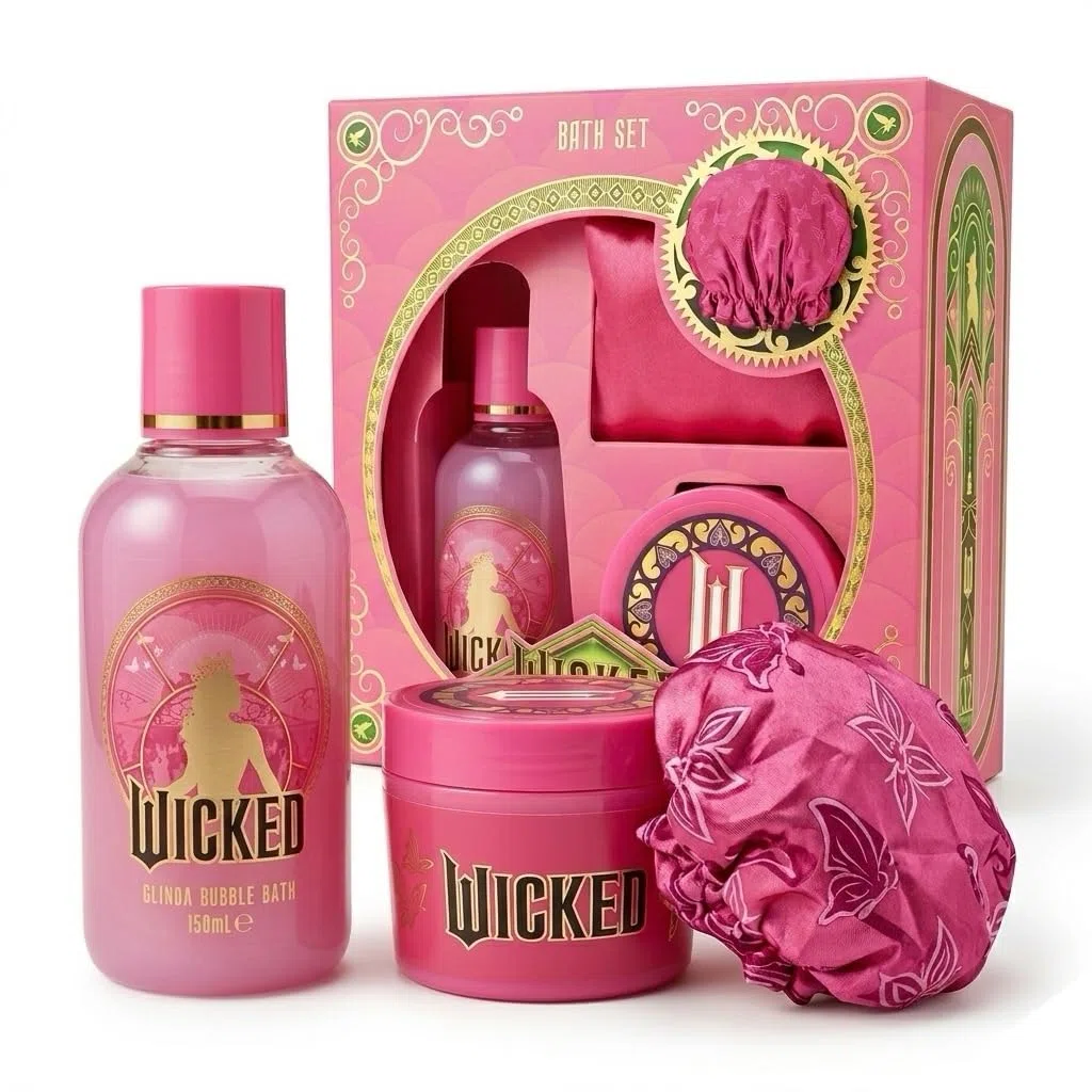 Wicked Glinda - Confezione regalo da bagno in schiuma rosa, burro per il corpo e cuffia da doccia, prodotto con licenza ufficiale Wicked
