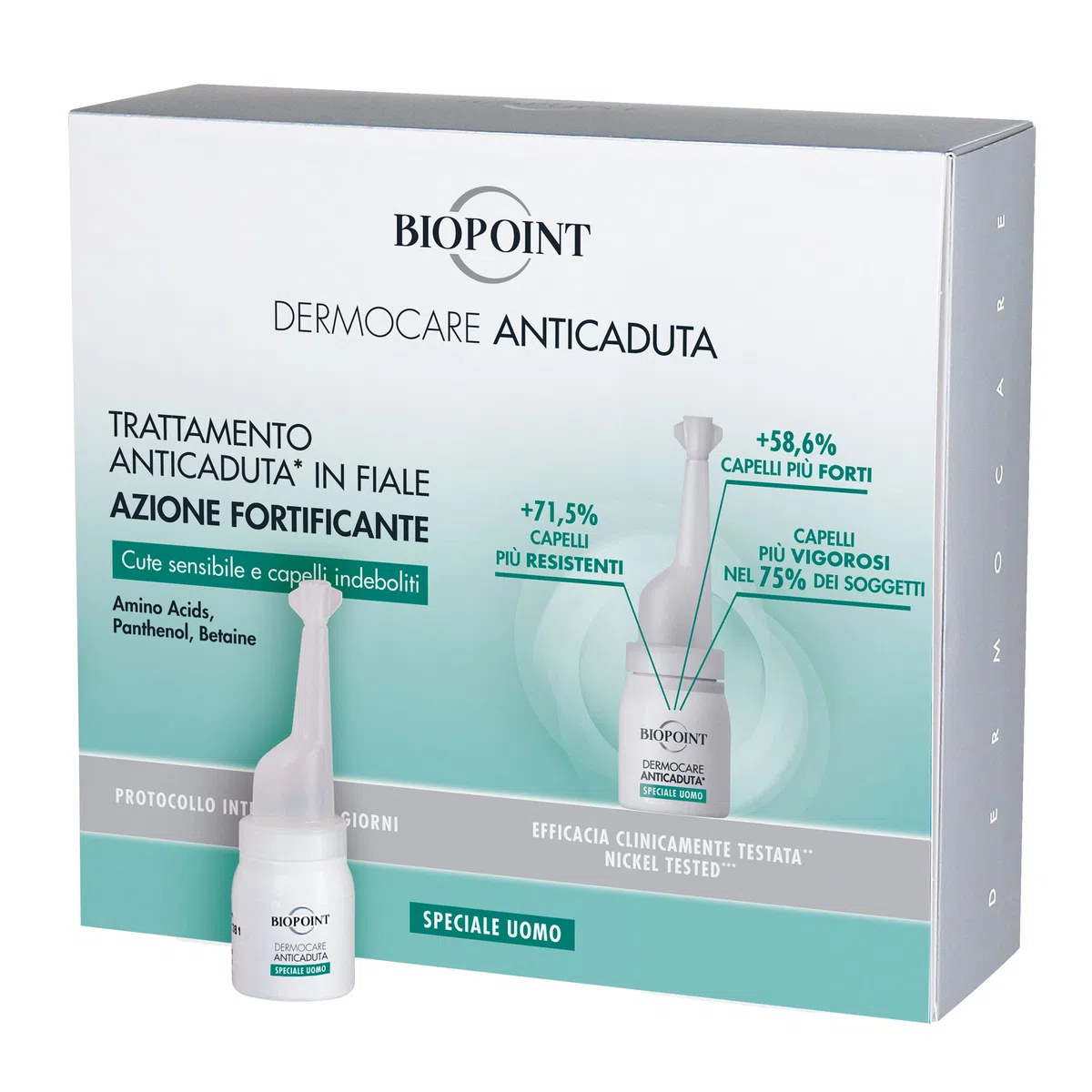 Biopoint Dermocare Anticaduta – Fiale Anticaduta Capelli Uomo, n.20 Fiale da 6 ml, ad Azione Fortificante, per Cute Sensibile e Capelli Indeboliti, Protocollo Intensivo 20 giorni