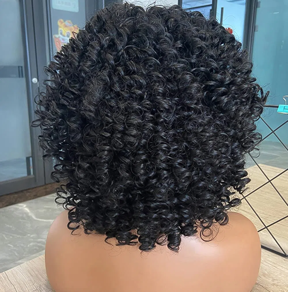 Parrucche Nero ricci corte per le donne, parrucca riccia nera morbida con frangia, riccioli afro kinky parrucca sintetica resistente al calore naturale per donne nere