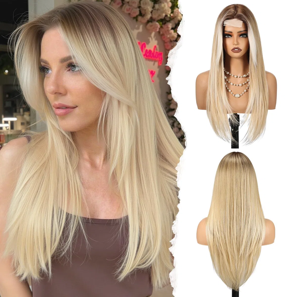 WOKESTAR Parrucche lunghe per donne Capelli sintetici resistenti al calore con frangia Parrucche naturali per uso quotidiano Colore biondo con riflessi