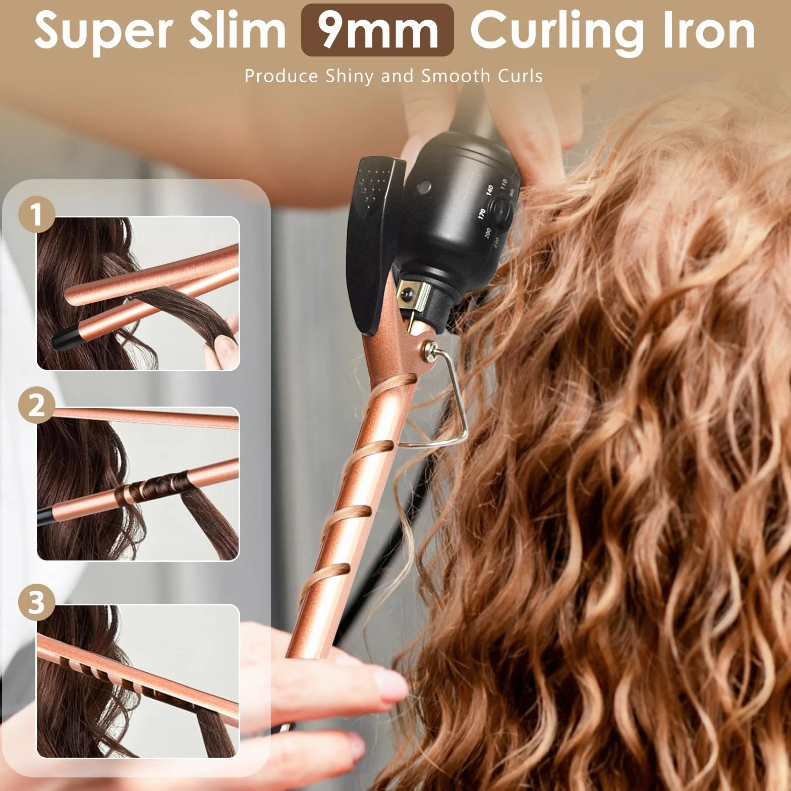 Arricciacapelli, Ferro Capelli con Rivestimento in Ceramica, 9 mm Curve Thin Wand con Scelta di Temperature 80 ℃ - 230 ℃, Ferro Arricciacapelli a Riscaldamento Rapido, per Ricci Stretti