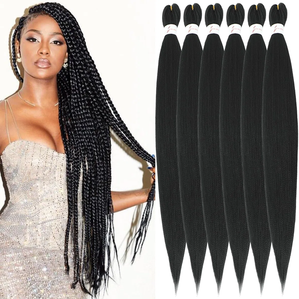 Extension Capelli per Treccine Africane Nero 30 Pollici Lunghe Kanekalon Easy Braids Extensions Nere 6 Confezioni Extension Capelli Sintetici per Trecce Black Braiding Hair Pre Stretched(1B)
