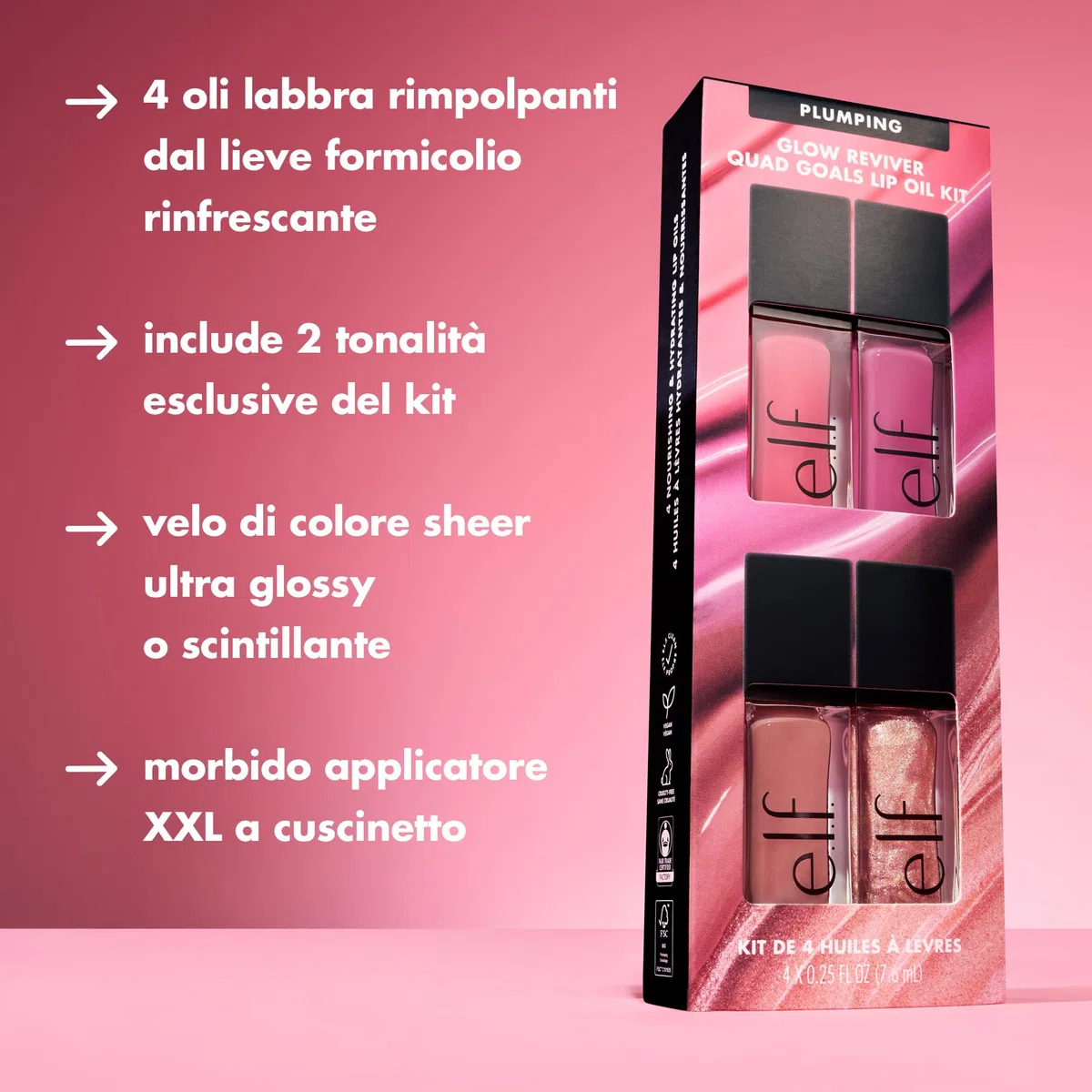 Glow Reviver Plumping Lip Oil, olio labbra nutriente colorato per un finish super lucido, infuso con olio di jojoba, prodotto vegano e non testato sugli animali, 4 tonalità