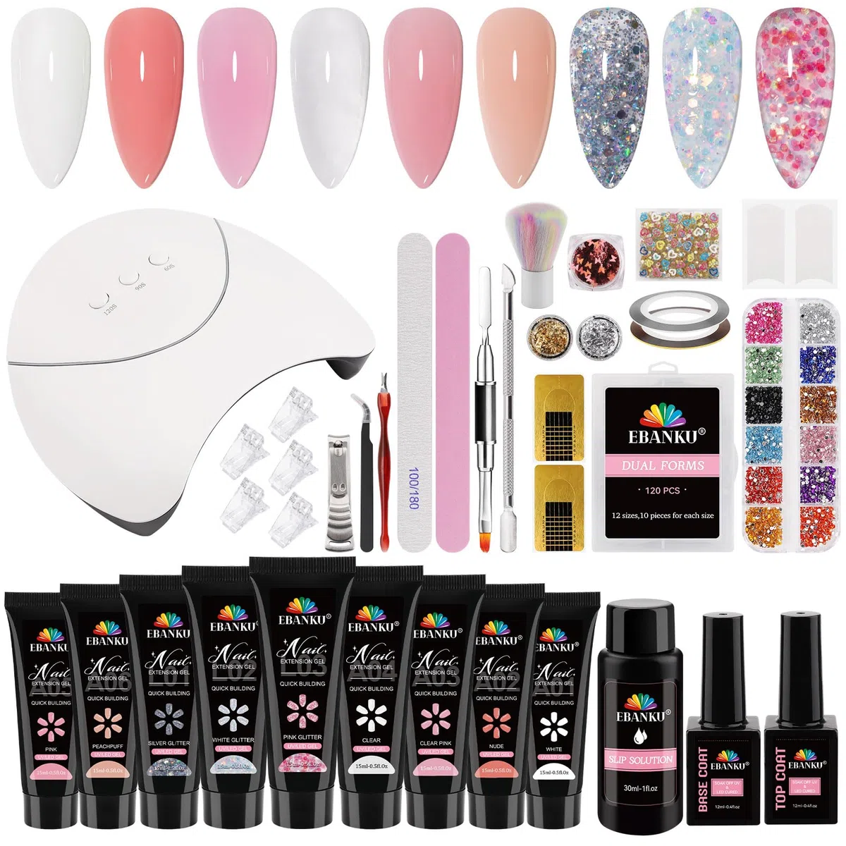 EBANKU Poly Gel Unghie Kit, 9 Colori Nail Extension Gel Kit Semipermanente Unghie Kit Rricostruzione Unghie Gel Completo con Lampada Unghie Finte Top Base Coat per Nail Art