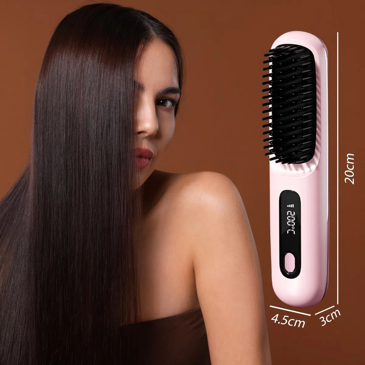 Spazzola Lisciante per Capelli 3 Temperature (160-180-200℃) Display LED Portatile Spazzola Lisciante Senza Fili per Capelli Corti Riscaldamento Rapido