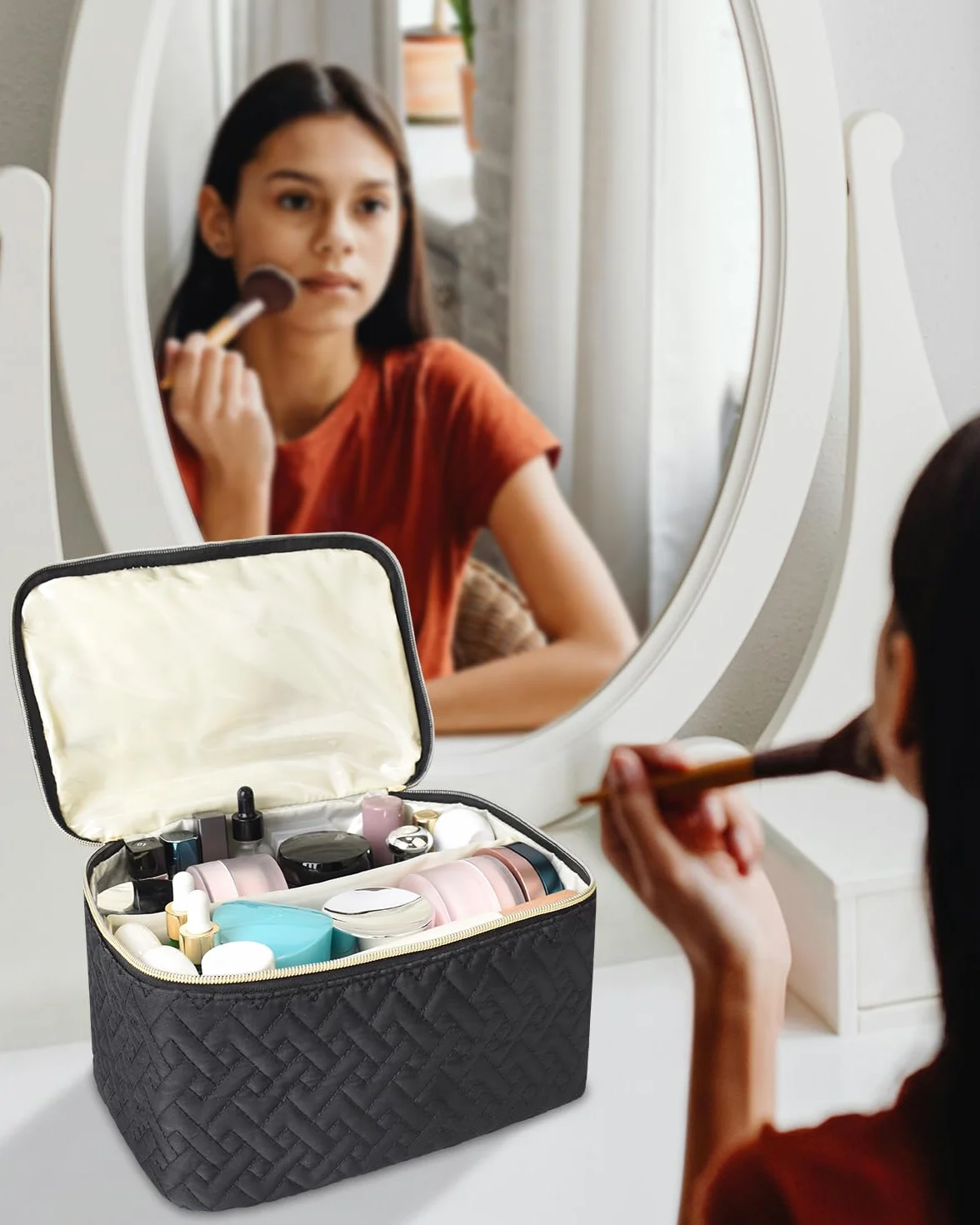 Beauty case organizer da donna, grande borsa per cosmetici a doppio strato con scomparto per pennelli, borsa da toeletta portatile e impermeabile, essenziale da viaggio, nero