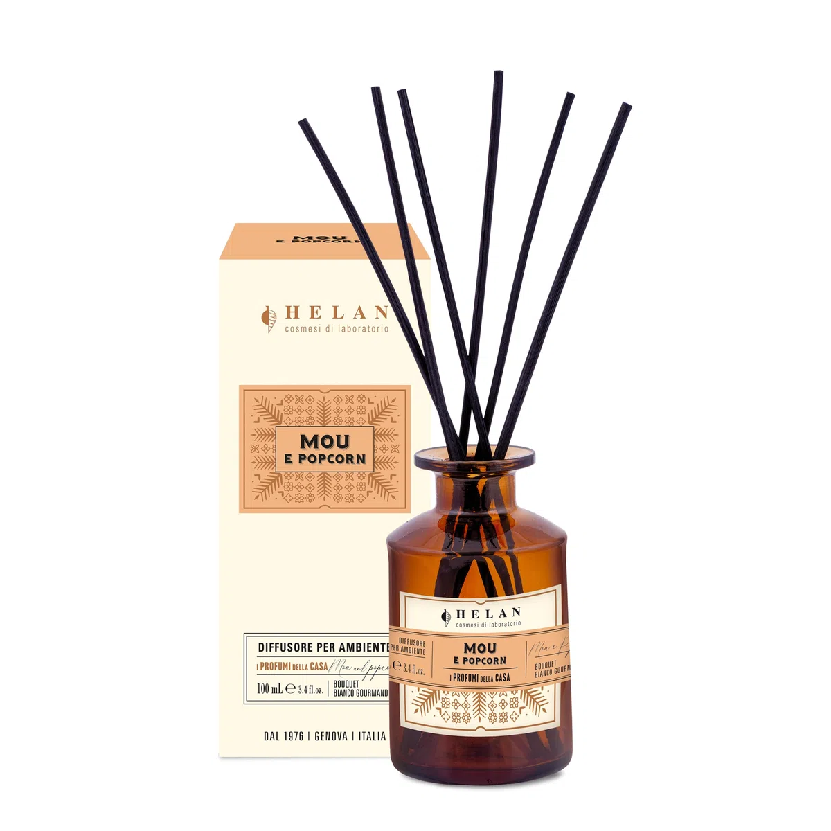 Helan Mou e Popcorn - Profumatore per Ambienti, Profumo Ambiente con Bastoncini per Diffusori con Latte Condensato, Mandorla, Pesca, Idee Regalo Deodorante e Profumatori Ambiente 100 ml, Made in Italy