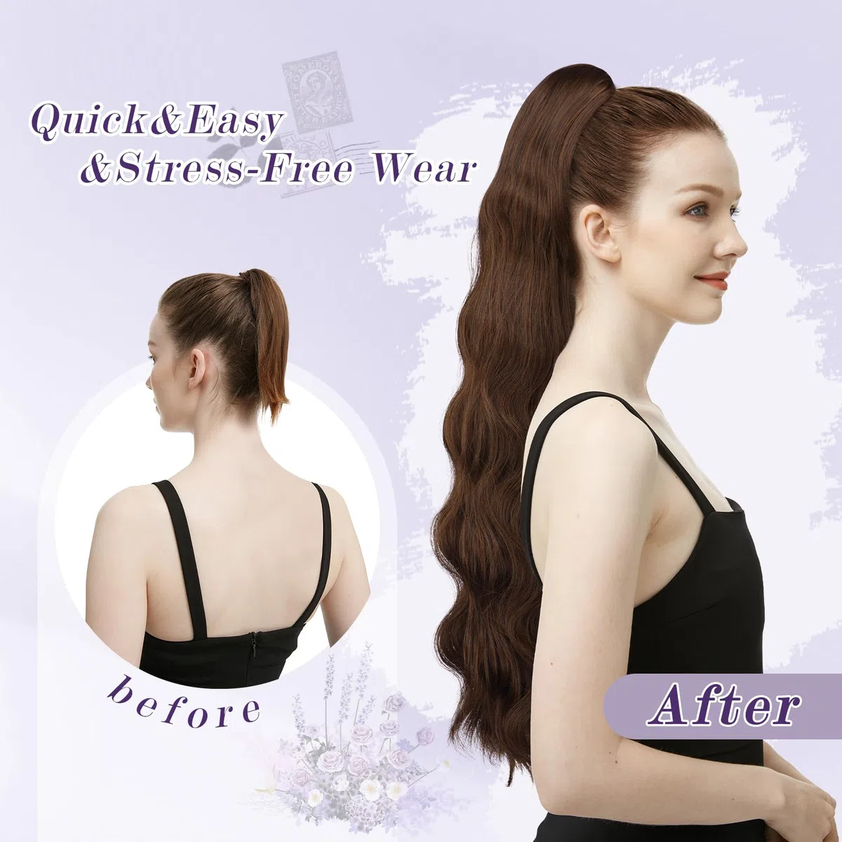 FESHFEN 75 cm Coda Cavallo Extension con Coulisse, Lunga Ricci Ondulati Coda Capelli Extension Sintetici Pettini Clip in Capelli Posticci, Nero Naturale Coda di Cavallo Naturale per Donna