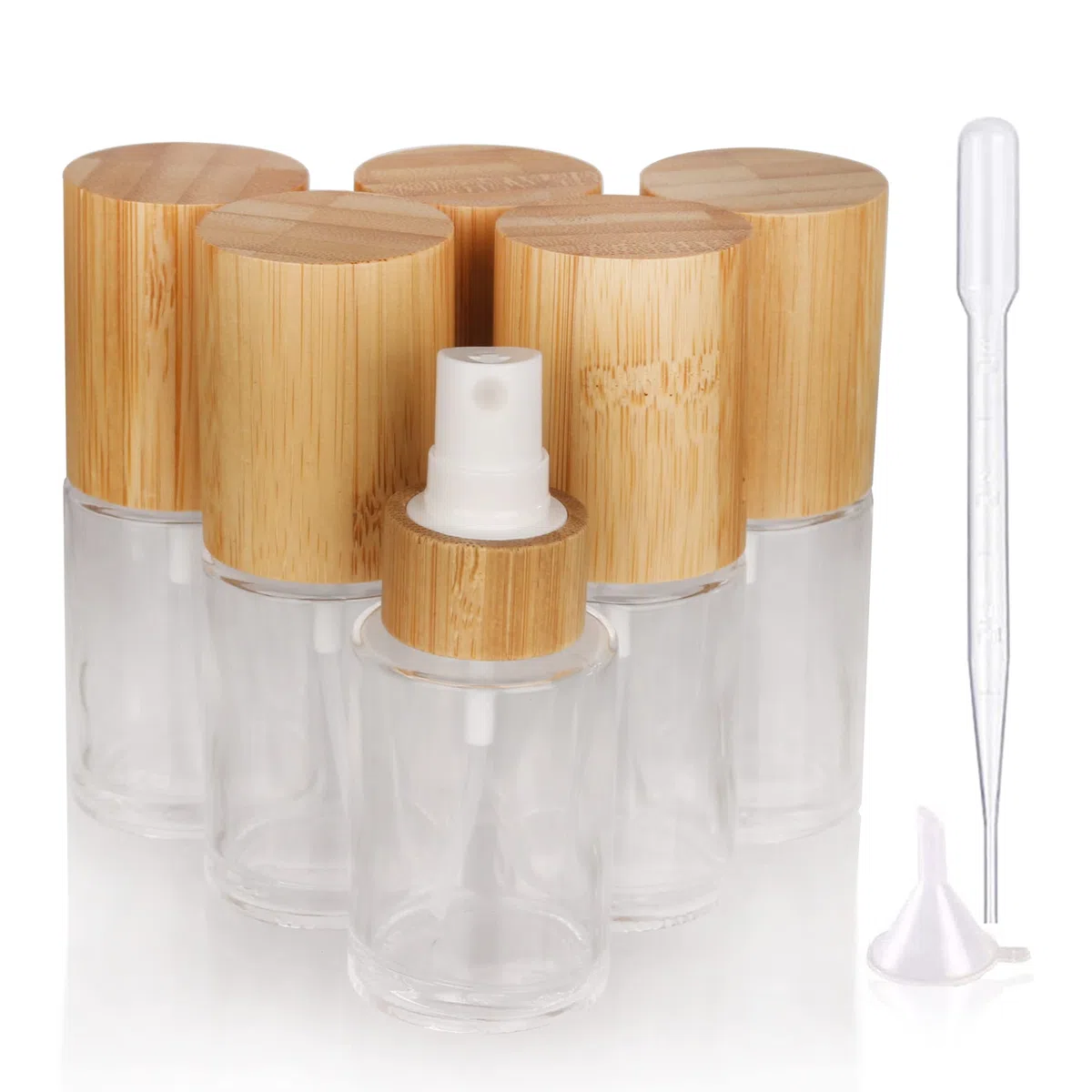COSIDEA - 6 flaconcini spray in vetro trasparente da 30 ml / 1 oz con coperchio in bambù e testina nebulizzatrice fine per profumi liquidi, cosmetici e flaconi di tonico