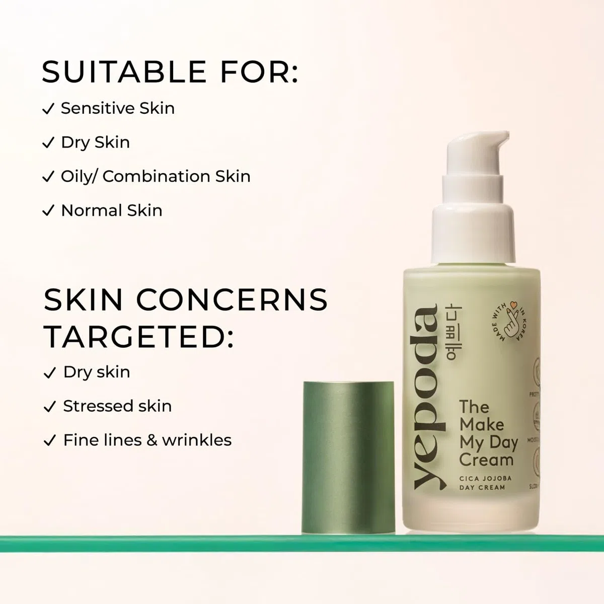 Yepoda The Make My Day Cream, crema giorno idratante e Slow Aging con centella asiatica. Vegana, testata e adatta a tutti i tipi di pelle. Per una pelle radiosa e nutrita. 50ml