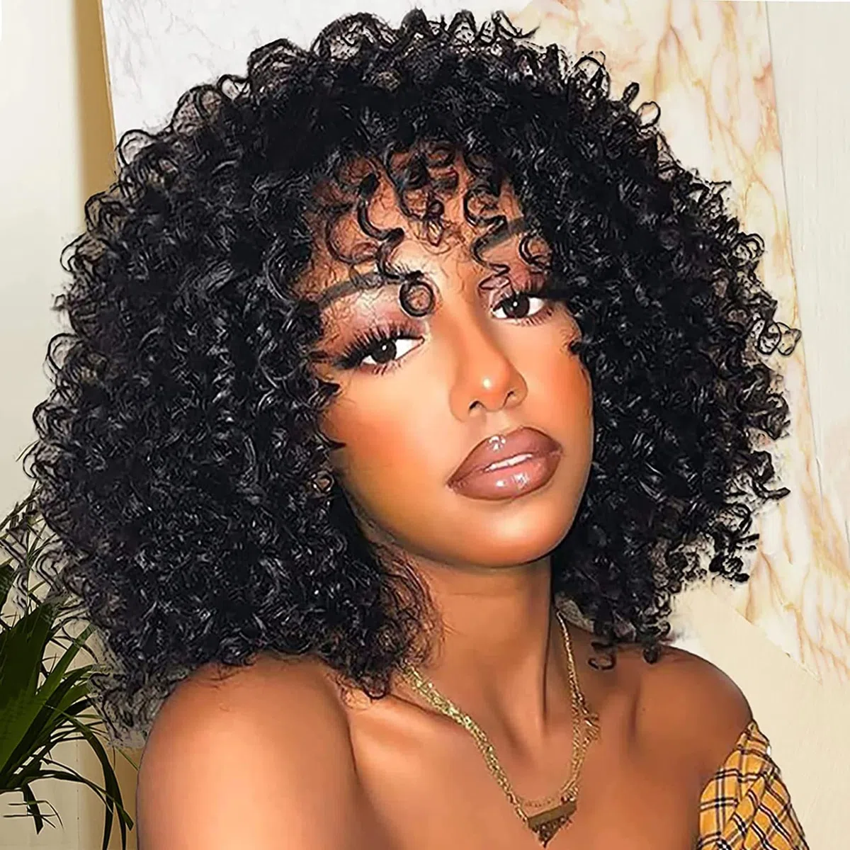Parrucche Nero ricci corte per le donne, parrucca riccia nera morbida con frangia, riccioli afro kinky parrucca sintetica resistente al calore naturale per donne nere