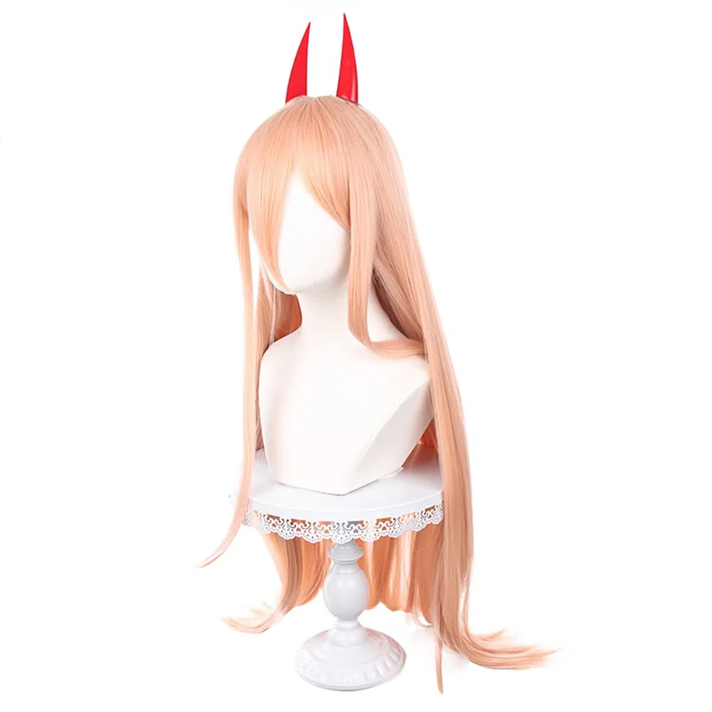 Parrucca Anime Cosplay per motosega uomo power light arancione Cosplay parrucca + 2 corna lunghe dritte con frangia + cuffia per parrucca gratuita