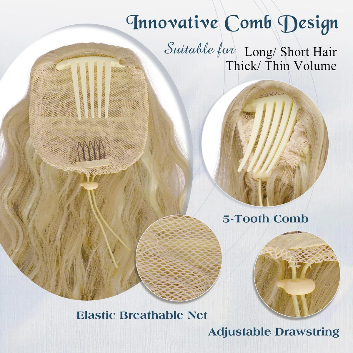 FESHFEN Coda Capelli Extension Ondulati Lunghe, Coda Finta Capelli con Pettine Sintetici Posticci Ponytail Coda di Cavallo Extensions per Donne, 60 cm Biondo Sporco