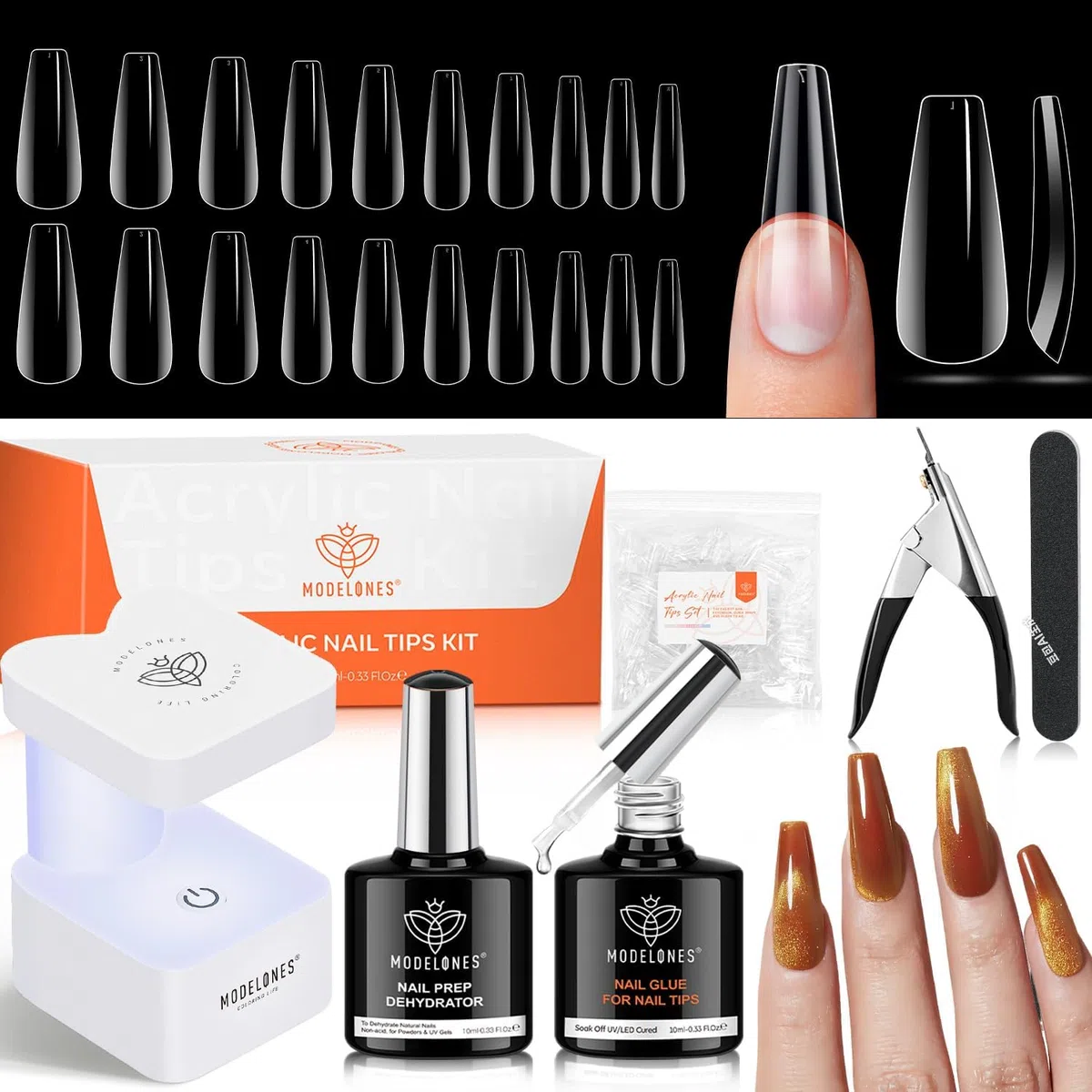 Modelones Unghie Finte con Colla Kit, 500 Pezzi Unghie Finte, Pezzi Punte per Unghie Artificiali con Lampada LED e Colla per Unghie, Smalto per Unghie in Gel Starter Set, Nail Art fai da te a casa