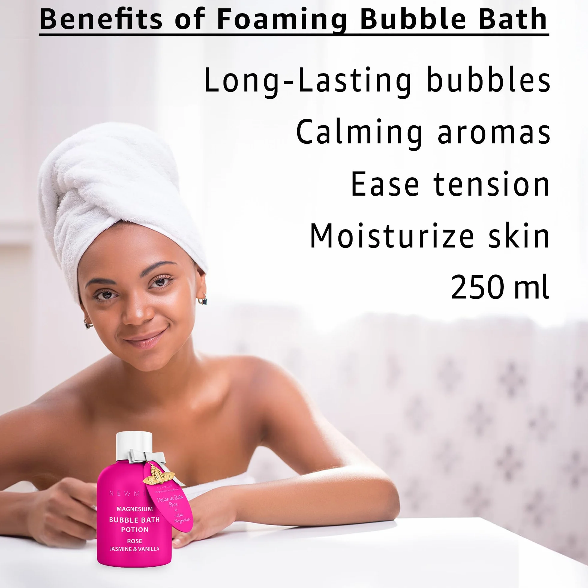 Magnesium Bubble Bath Rose Jasmine Vanilla – Luxury Long Lasting Bubble Bath For Sore Muscles – Epsom Salt Moisturizing Relaxing Stress Relief – Spa Self Care Spa Gift for Women Birthday Christmas