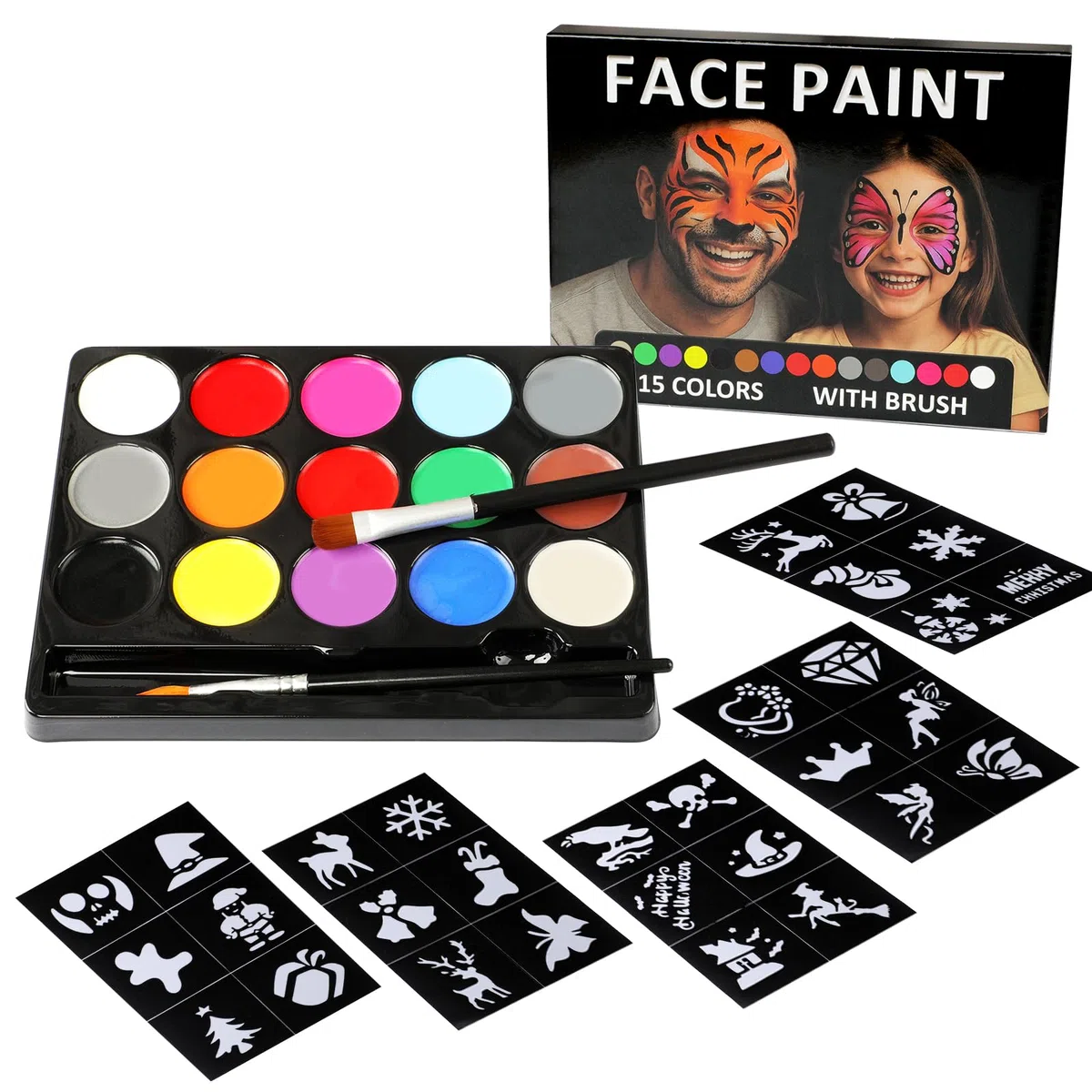 Face Painting 15 Colori – Pittura per Viso e Corpo con 30 Stampini e 2 Pennelli, Naturale, Sicuro e Facile da Rimuovere, Ideale per Feste, Carnevale e Halloween