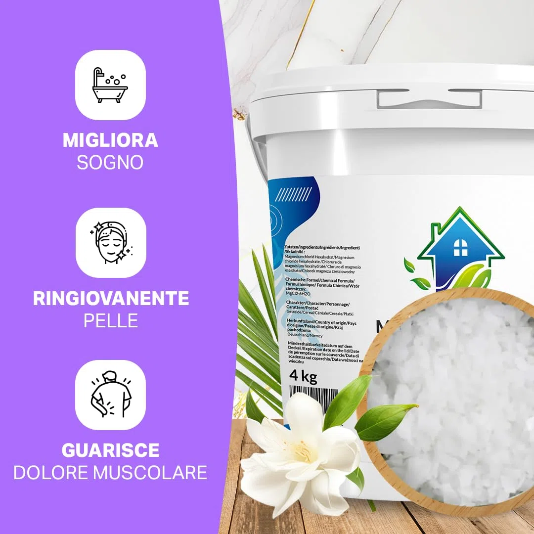 Cloruro di Magnesio Flakes 4kg I Magnesium Cloruro Puro in Fiocchi I Sale da Bagno Esaidratato I Magnesio in Polvere Naturale per Bagno e Benessere (4 kg (1er Pack))