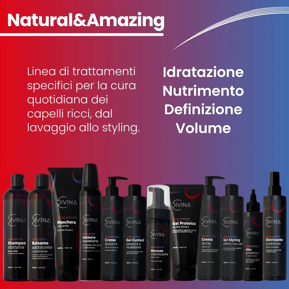 Gel Styling effetto naturale per capelli ricci con estratti di menta, equiseto, tè nero, salvia e aloe Natural&Amazing di DIVINA BLK (250ml)