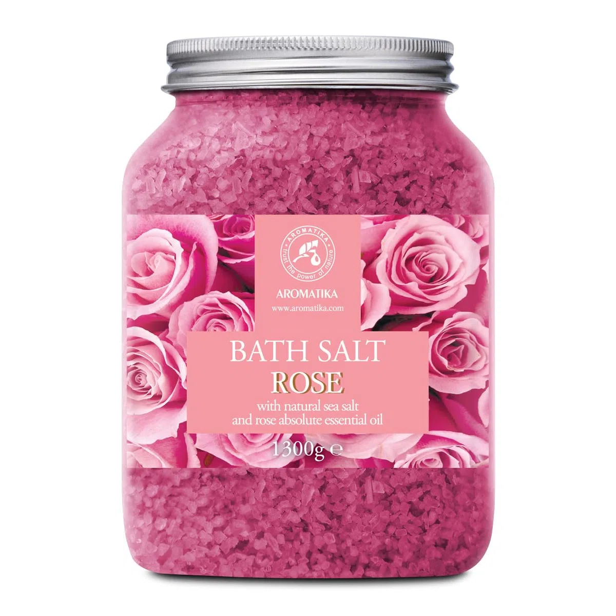 Sale da Bagno Rosa 1300g - Sale Marino con Olio Essenziale di Rose - per un Buon Sonno - Riduzione dello Stress - Cura del Corpo - Relax - Aromaterapia - Bellezza - Sali da Bagno di Aromatika