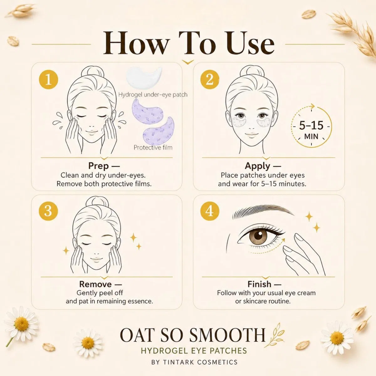 TINTARK Patch Occhi Oat So Smooth 28 Paia – Hydrogel Eye Mask con Crisantemo, Miele di Manuka e Avena, Anti Rossori e Secchezza, Idratante e Riparatore per Pelle Sensibile, Cura di Sé e Relax