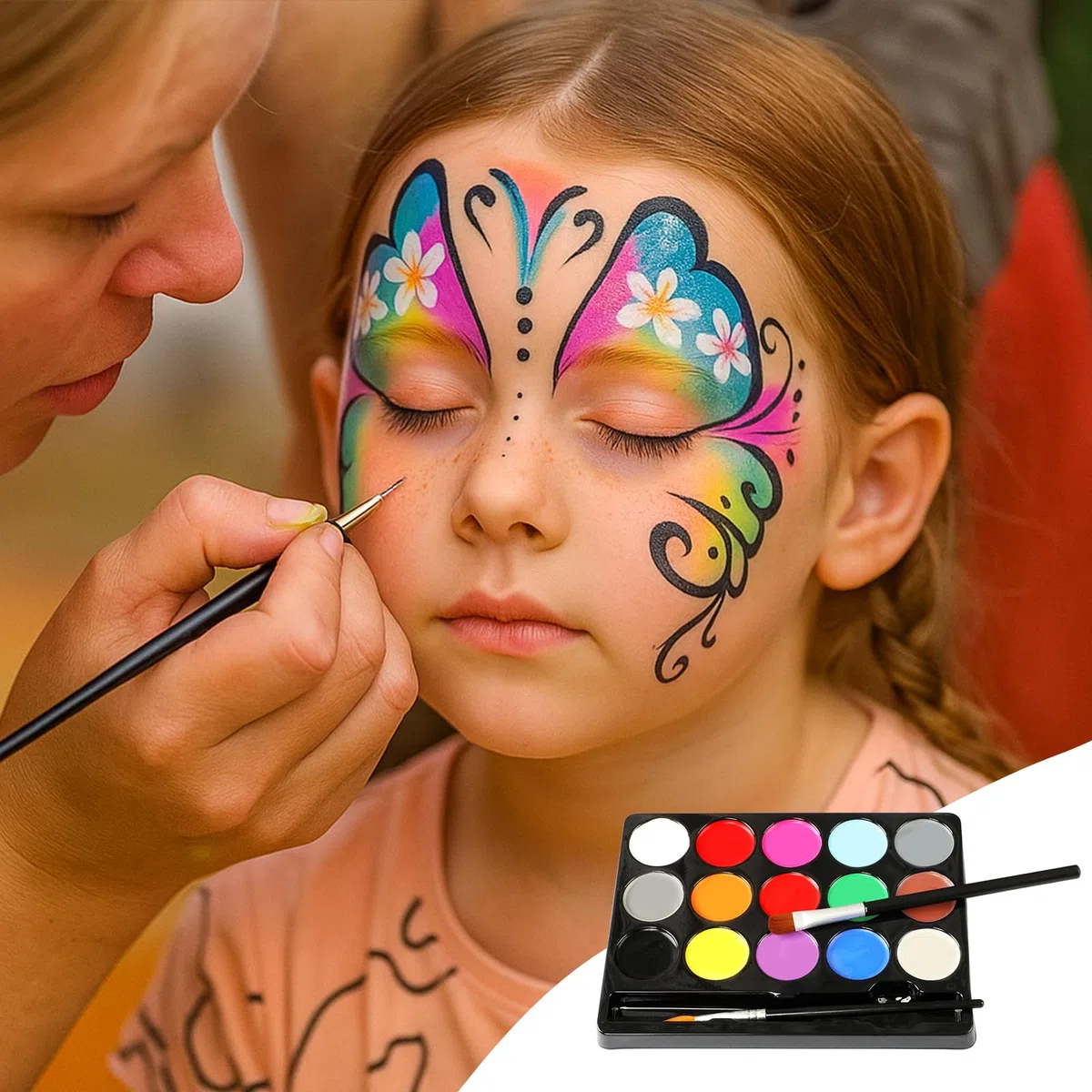 Face Painting 15 Colori – Pittura per Viso e Corpo con 30 Stampini e 2 Pennelli, Naturale, Sicuro e Facile da Rimuovere, Ideale per Feste, Carnevale e Halloween