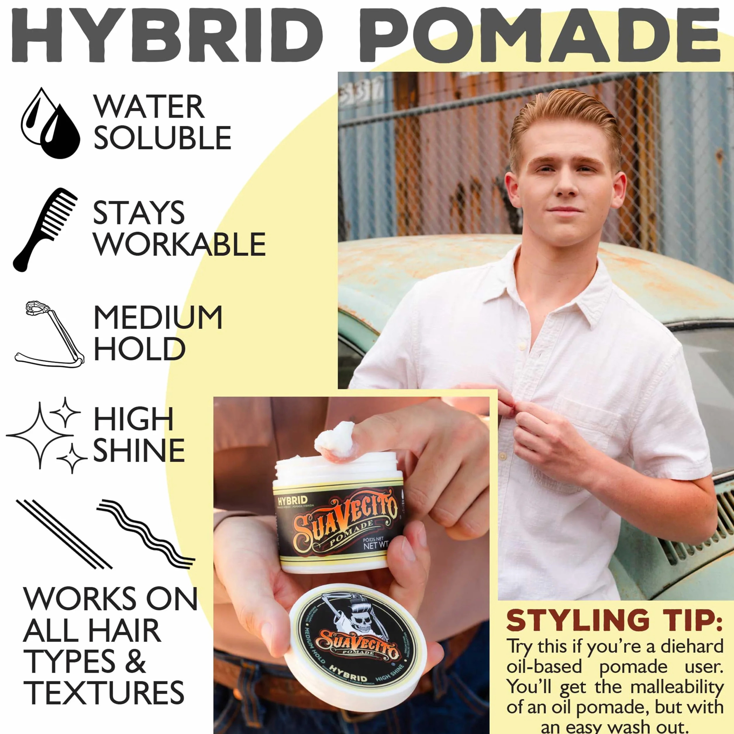 Suavecito Hybrid Pomade 4 oz, 1 Pack - Hair Pomade For Men - Medium Hold High Shine Hybrid Water And Oil Formula - Reworkable - Easy To Wash Out - All Day Hold For All Hair Styles