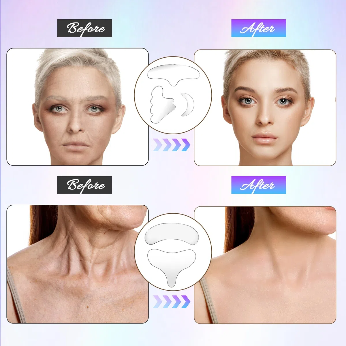 Dimeho 11 toppe antirughe per collo, riutilizzabili, in silicone, maschera antirughe sulla fronte, senza adesivo, per rughe e linee della pelle durante la notte, applicatore crema per occhi durante il