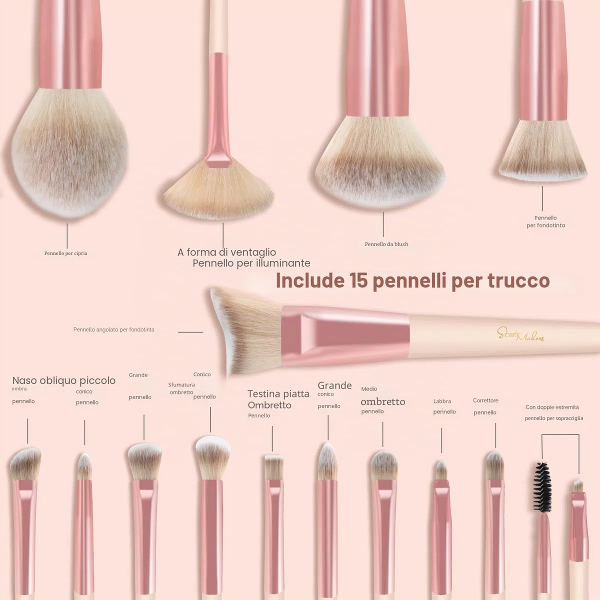 Start Makers Set Pennelli Trucco 36 Pezzi Professionale, Kit Trucco Completo con Spugnette, Cuscinetti, Borsetta e Accessori per Viso e Occhi