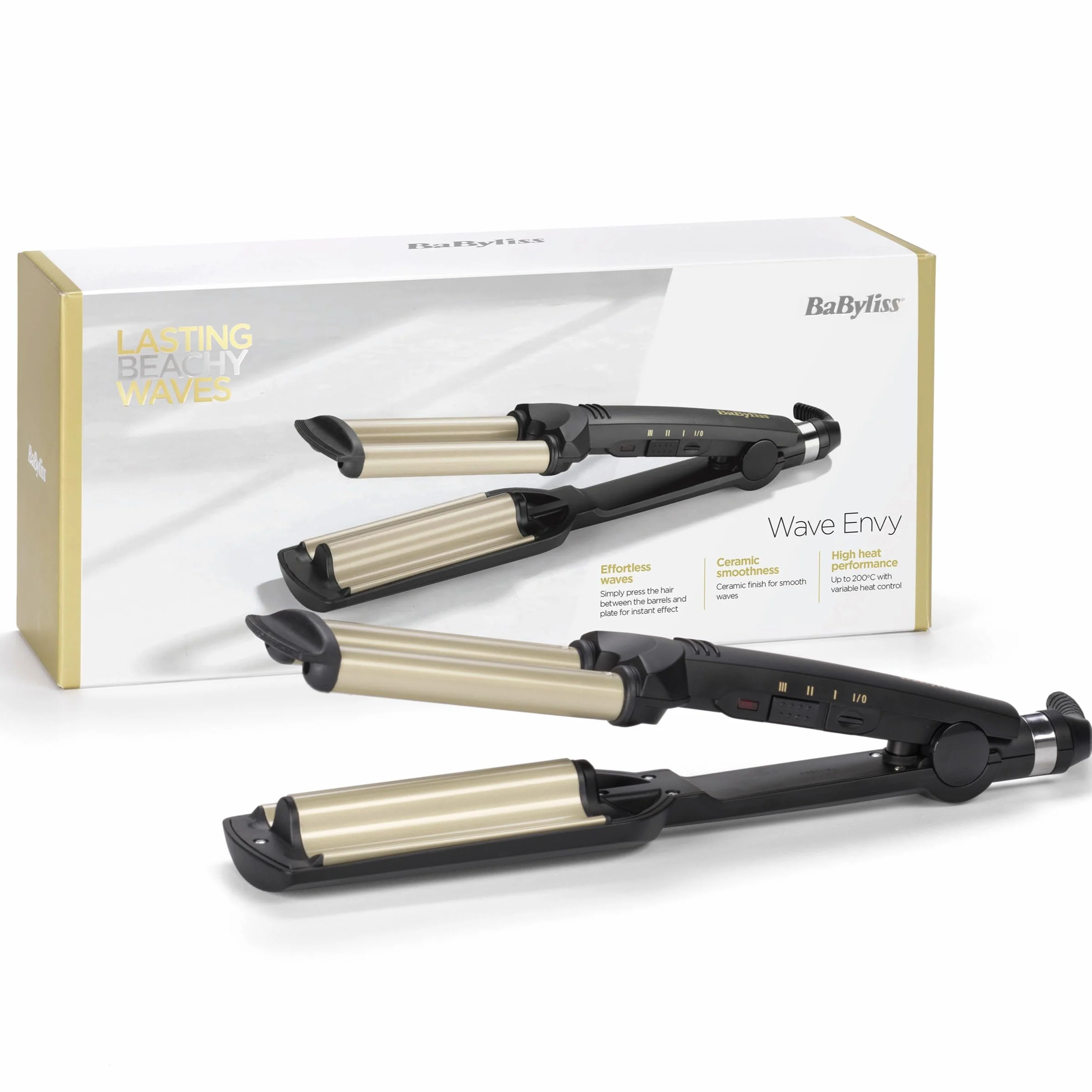 BaByliss Triferro Easy Waves, Beach Waves, Ceramic Titanium, 3 Temperature, Punta termo-resistente, Oro e Nero, C260E