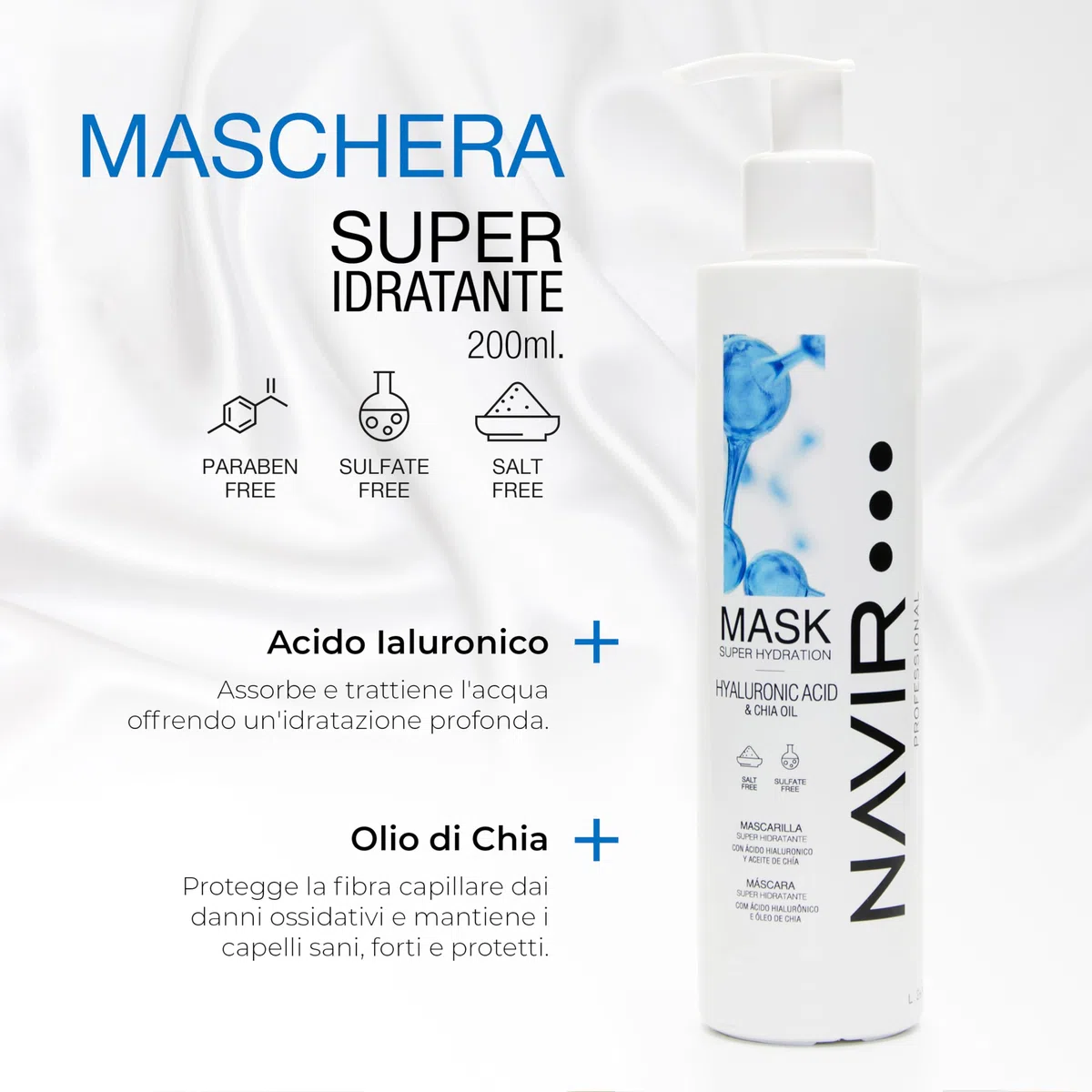 NAVIR Professionale | Kit professionale capelli con acido ialuronico – Shampoo 500ml + maschera 200ml + balsamo 200ml – Idratazione intensa post trattamento lisciante – Senza solfati – 3 prodotti