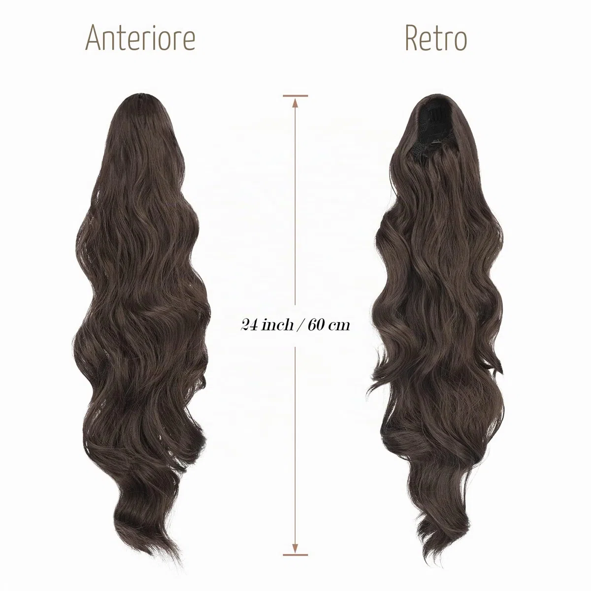 FESHFEN Extension Coda Capelli Lunga Castano Medio Posticci per Capelli Ondulati Ricci Coda Cavallo Capelli Extensions Finta per Donne, 60 cm
