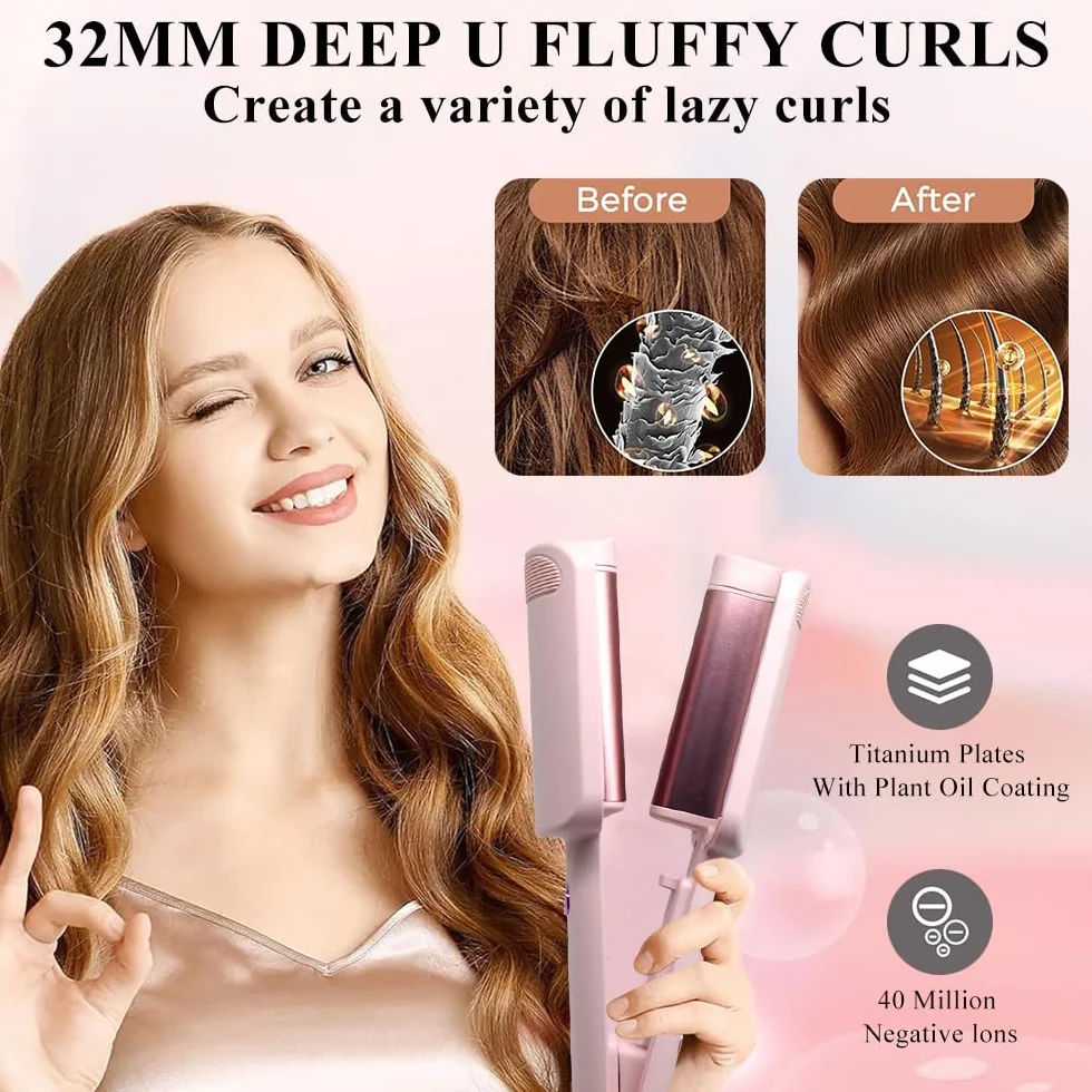 Piastra Onde per Capelli, Ferro Arricciacapelli, 32 mm Ferro per Capelli Onde con 4 Temperature regolabili per tutti i tipi di capelli, viene fornito con 1 pettine, 2 clip (Rosa)